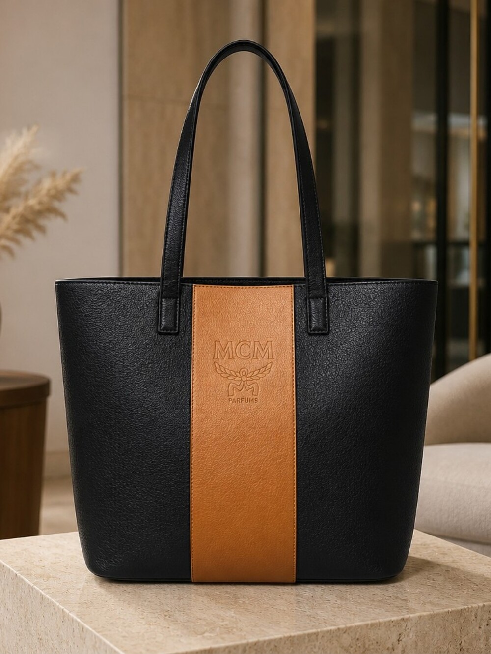 MCM Parfums Black & Cognac Vertical Stripe Tote